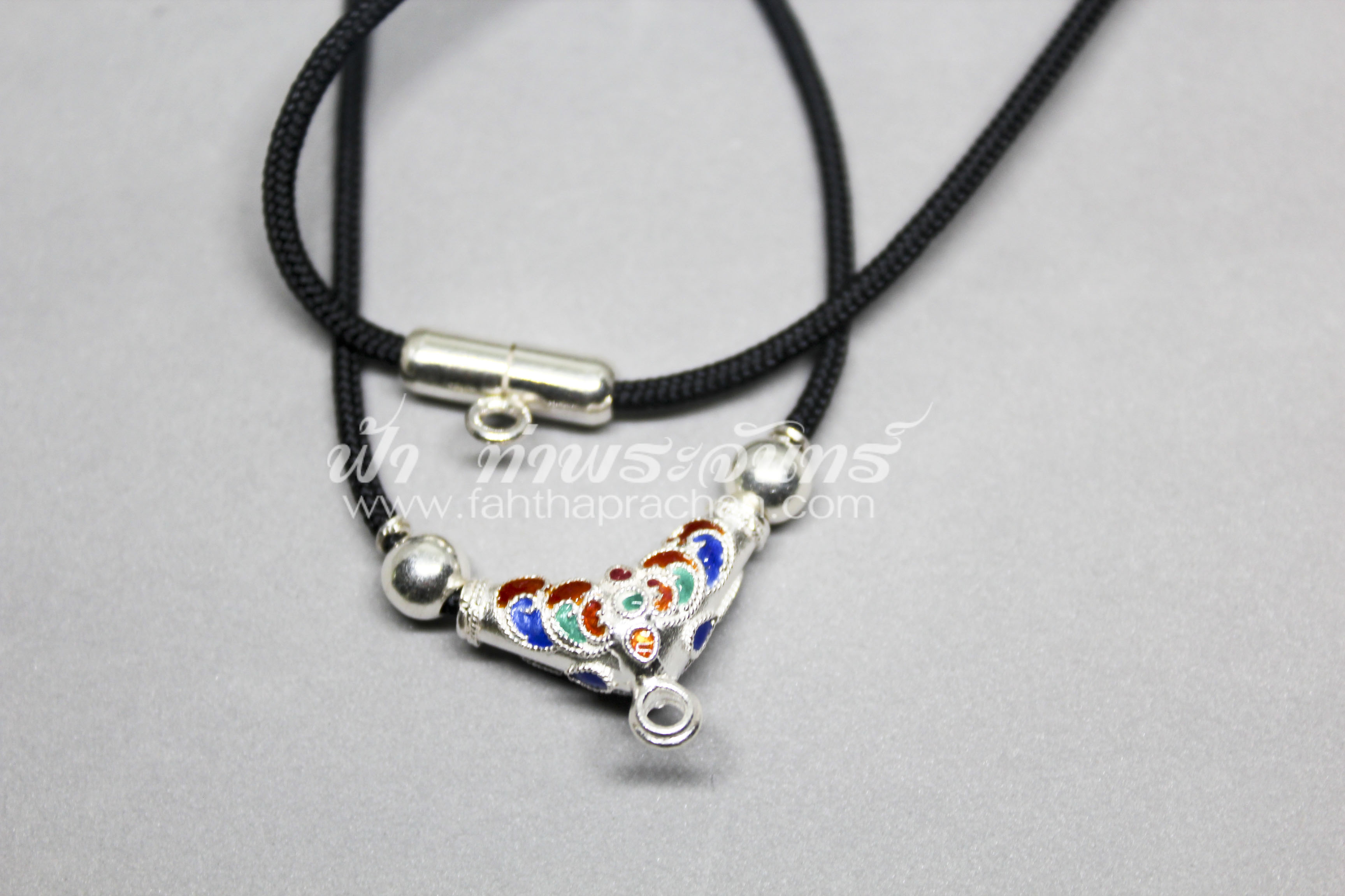 สร้อยคอเชือกร่ม กระจับเงินแท้ลงยา พร้อมห่วงหน้าหลัง