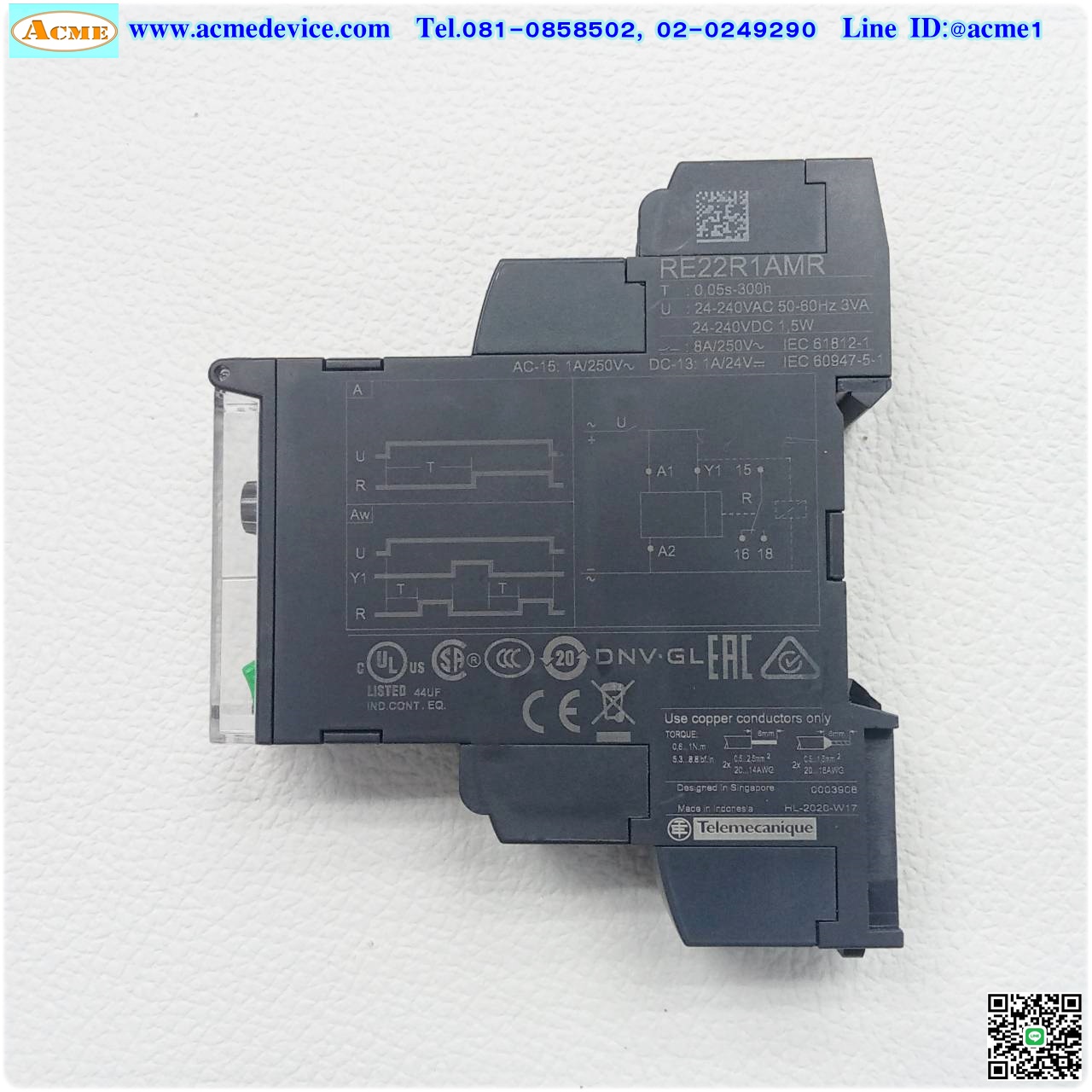 Time Relay Schneider รุ่น RE22R1AMR, Power on-delay, 0.05s to 300h, Input 24 to 240 Vac/dc