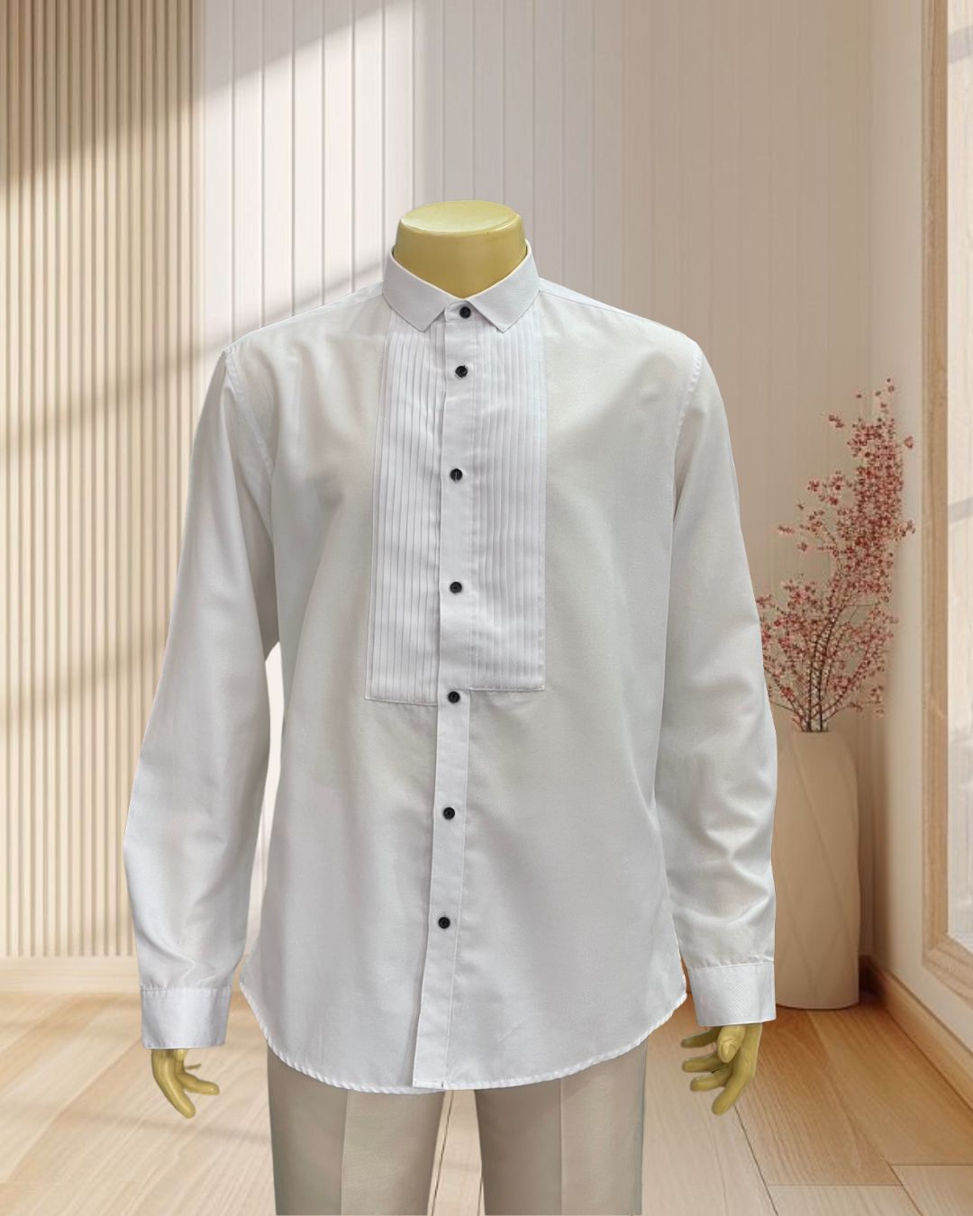เสื้อเชิตคอปก สีขาวผ้าลายทาง แต่งริ้วตรงหน้าอก กระดุมดำ ไซส์ 3XL