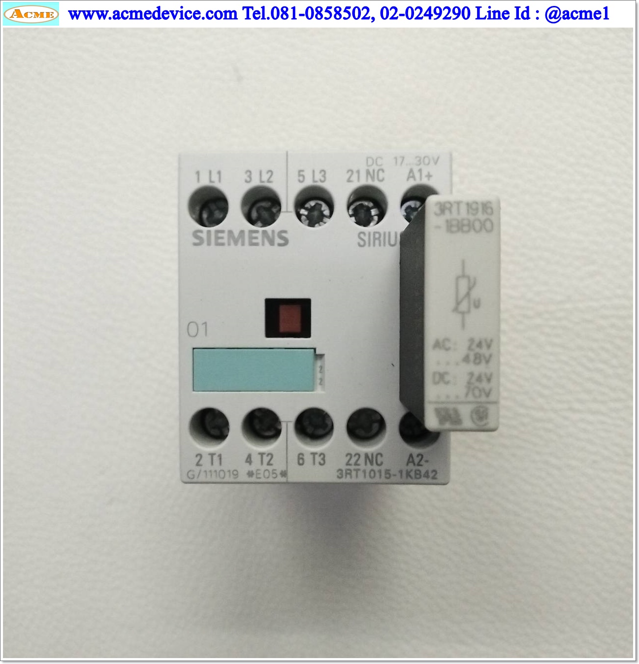 Magnetic Contactor Siemens รุ่น 3RT1015-1KB42 + 3RT1916-1BB00 , Current Rating 7A, Coil 24Vdc