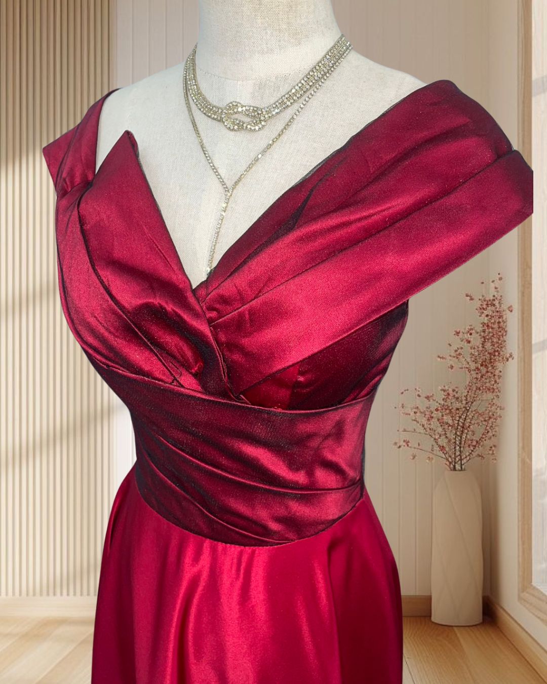 (PRE-LOVED) ชุดราตรียาวปาดไหล่สีแดง F