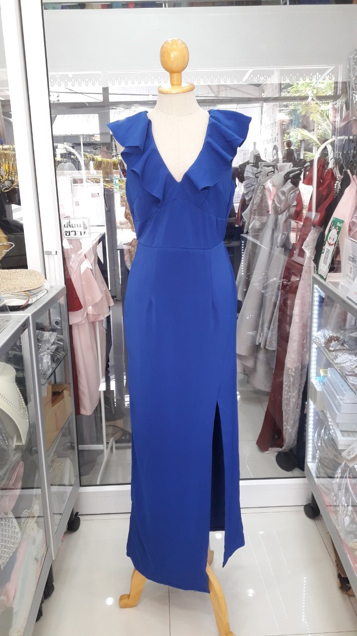 ราตรียาวสีน้ำเงินคอวีระบายผ่าข้าง (M)