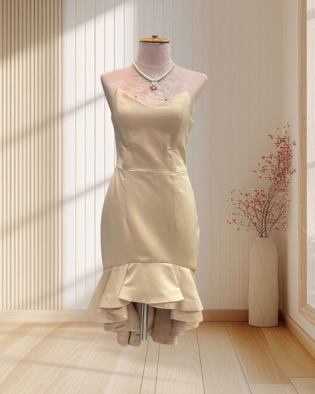 ราตรีสั้นสีครีม เกาะอกกระโปรงหางปลา ไซส์ M