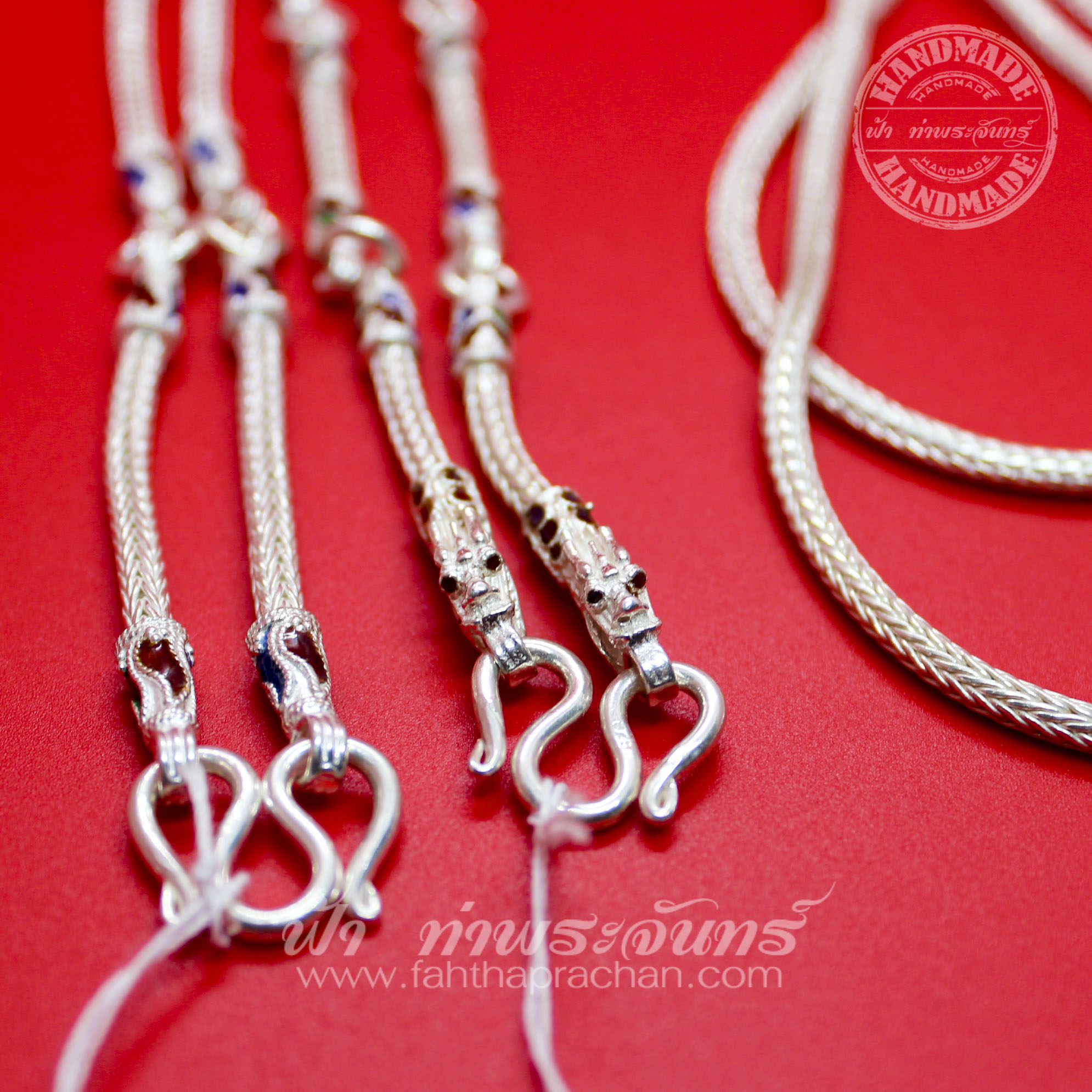 สร้อยคอเงินแท้ 92.5 ลายหกเสา หัวจรวด/หัวมังกร ลงยา 5 ห่วง มีห่วงหลัง