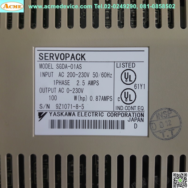 Servo Drive Yaskawa รุ่น SGDA-01AS & Motor SGM-01A312, 100W