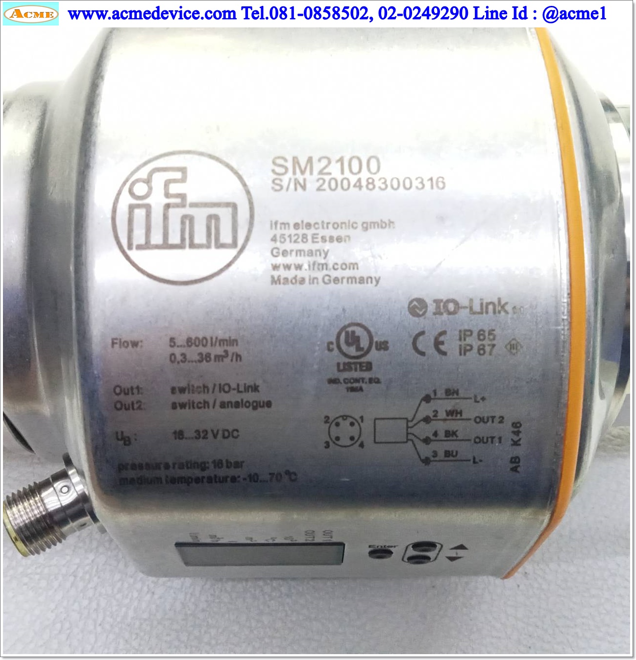 Flow Sensor IFM รุ่น SM2100, 5...600 l/min 0.3...36 m(3)/h, digital & Analog Outputs, Power Input 18-32Vdc