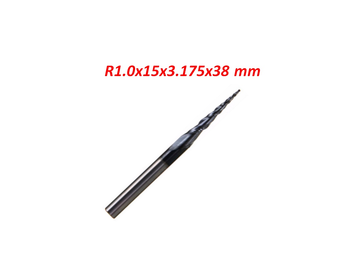 R1.0*15*3.175*38 Tungsten carbide TiAlN Coated 2 flutes Tapered Ball Nose End Mills HRC55