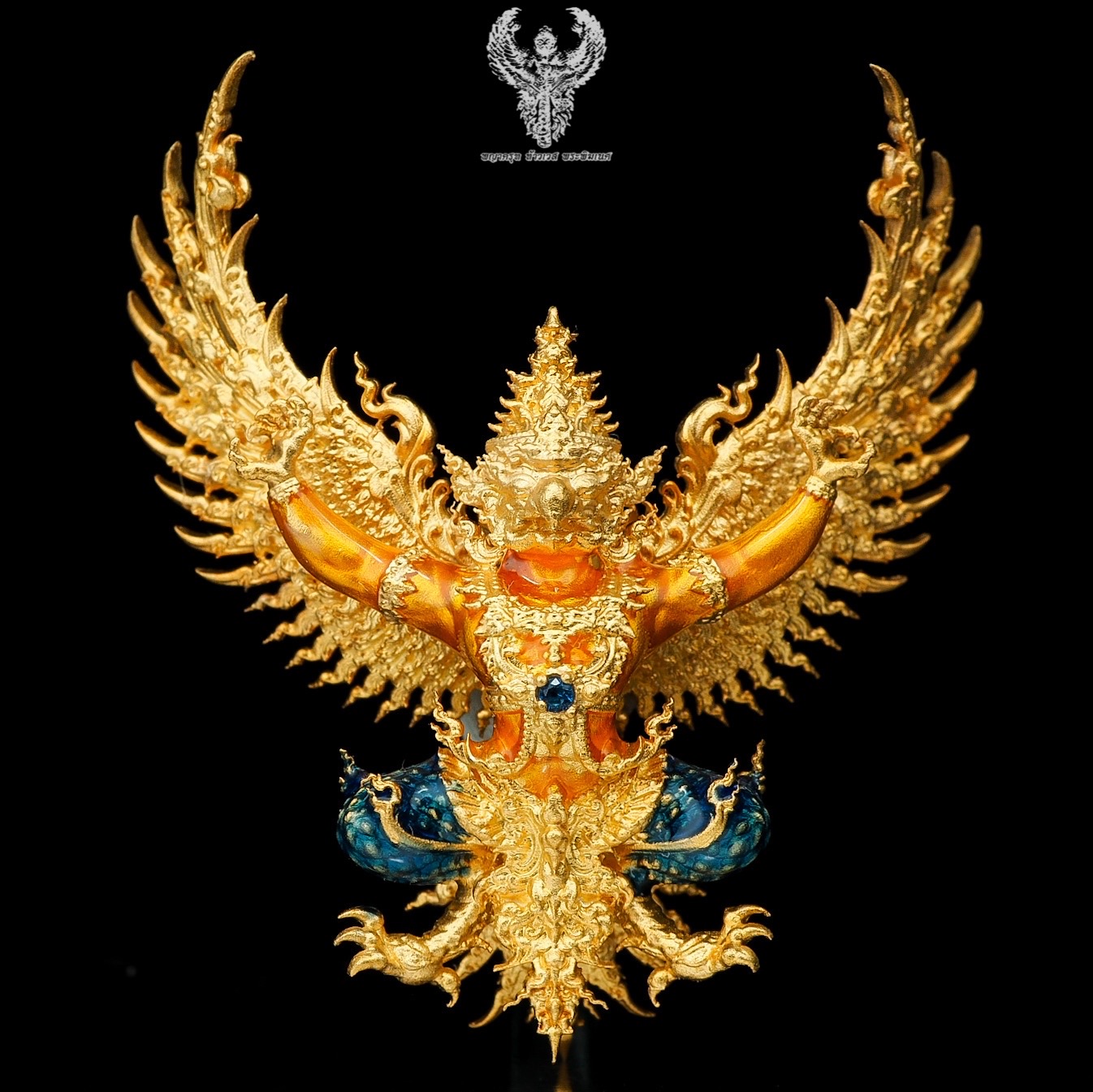 #พญาครุฑสุบรรณราช วัดหายโศก อุดรธานี เนื้อบรอนซ์ชุบทองลงยา สีส้ม ปีกทอง เลข 134