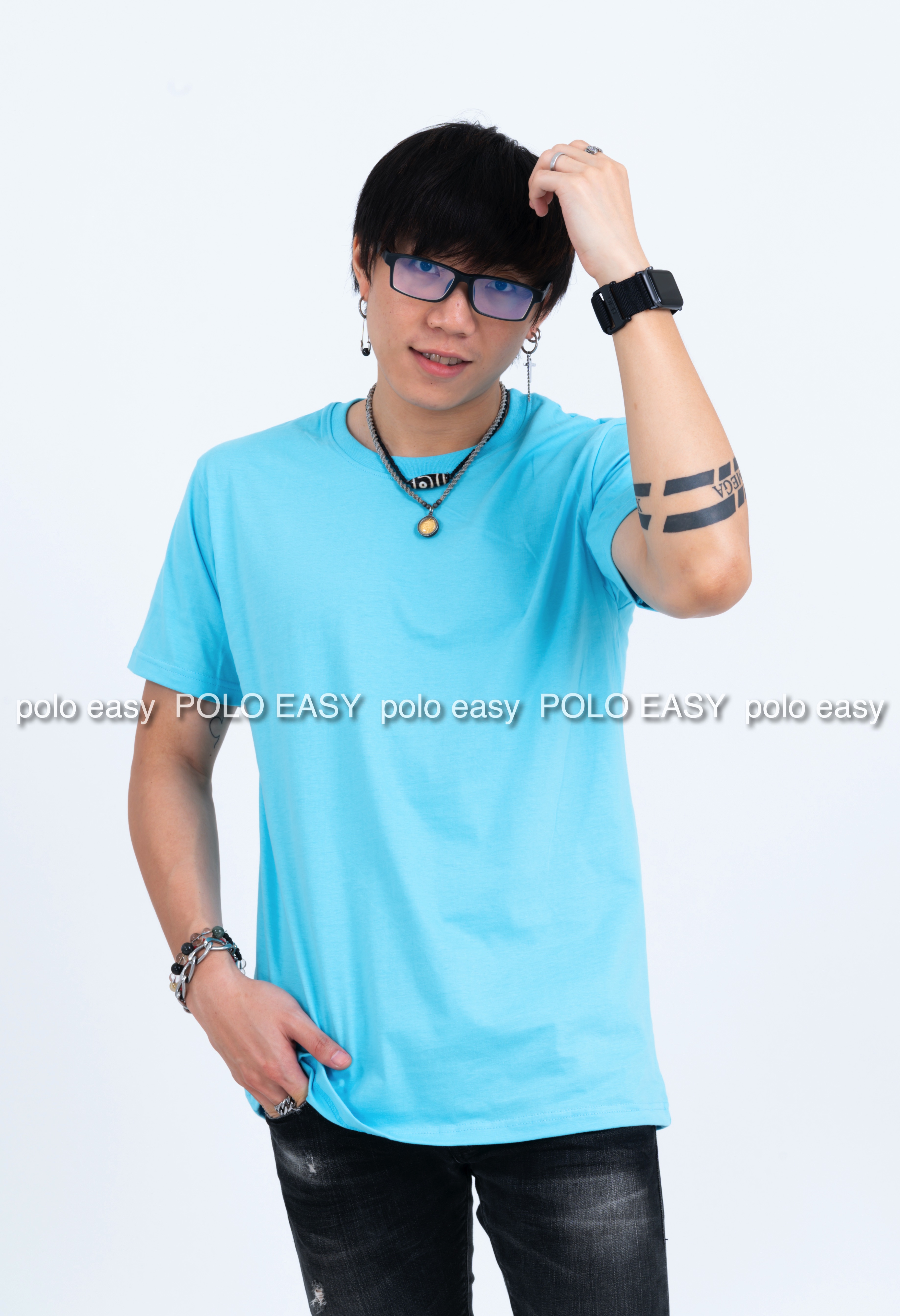 4XL เสื้อยืด สีฟ้าอ่อน คอกลม แขนสั้น Size 4XL