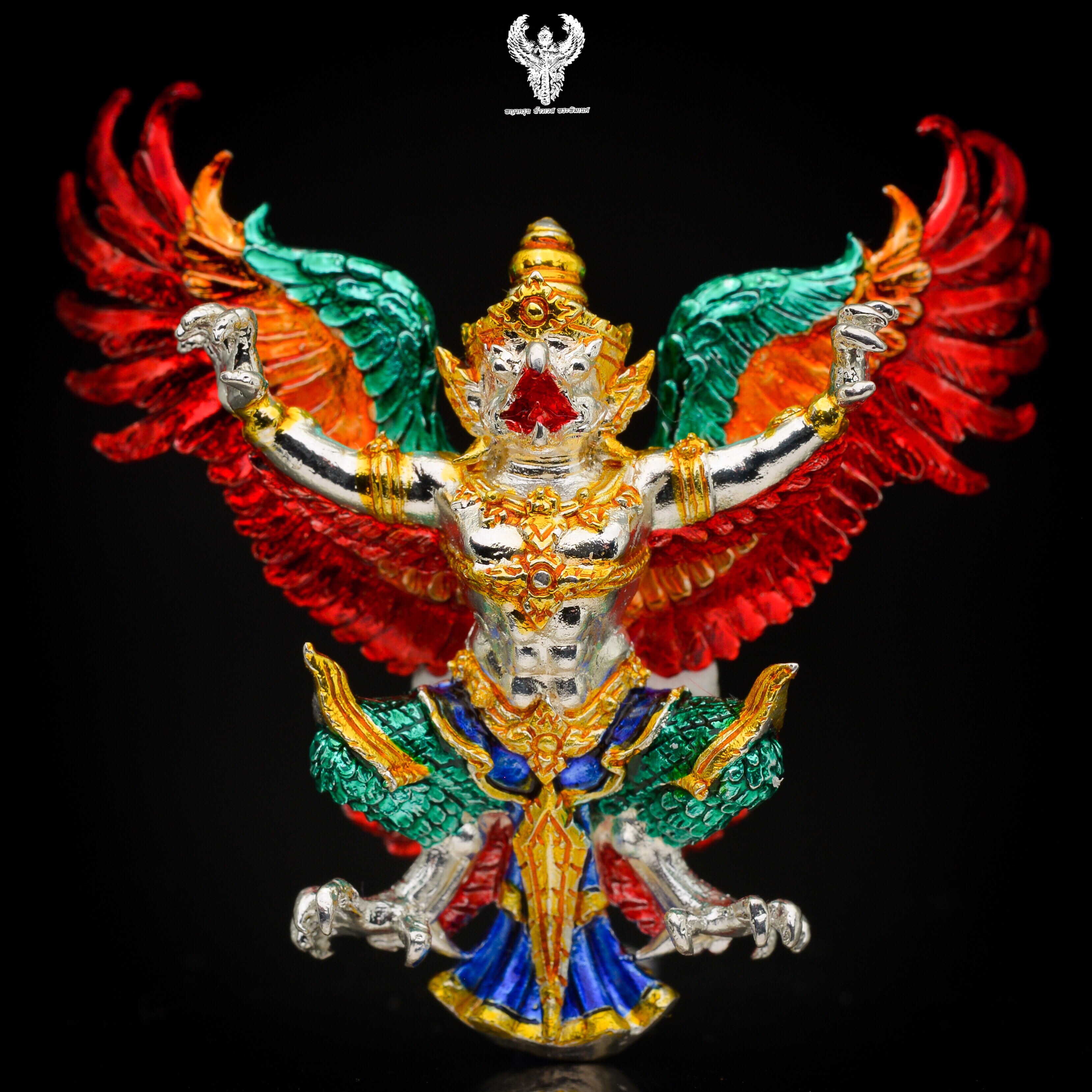 พญาครุฑ รุ่นเศรษฐีทันใจ หลวงพ่อหวั่น วัดคลองคูณ เนื้อสัมฤทธิ์ชุบเงินลงยาไตรลักษณ์