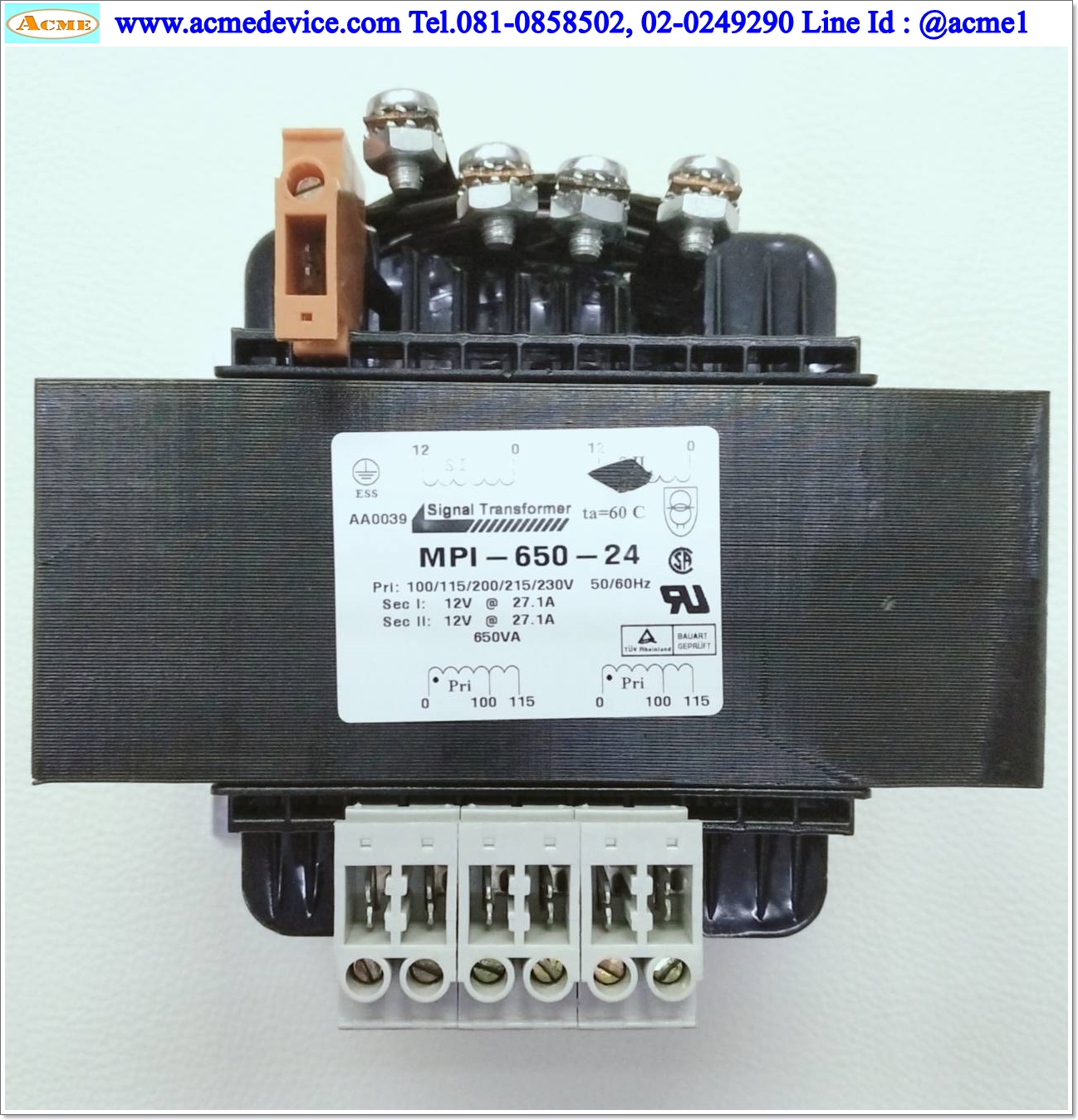 Transformer Signal Transformer รุ่น MPI-650-24, Pri. 100/115/200/215/230V, Sec. 12V, (12V*2=24V), 650VA
