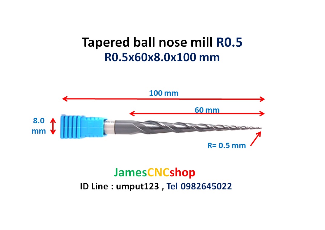 R0.5x60xD8x100 mm Tapered ball nose end mill TiAlN Carbide coat