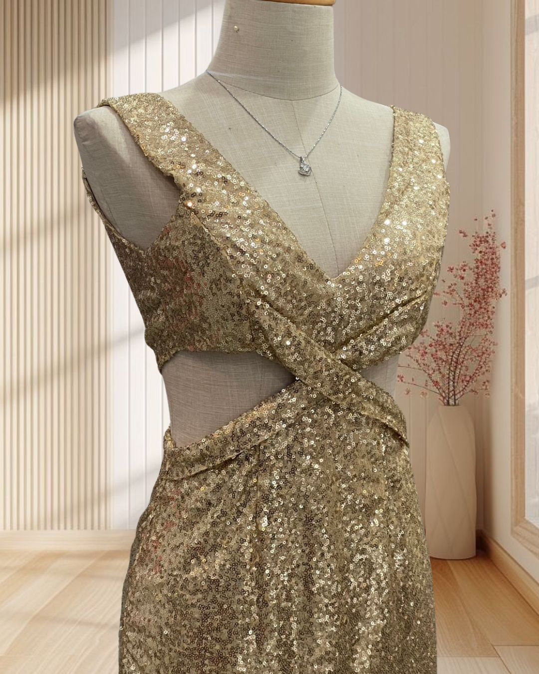 (PRE-LOVED) ราตรีสั้นสีทอง ปักเลื่อม เว้าเอว รัดรูป ไซส์ S