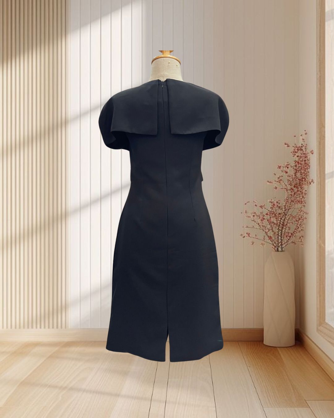 เดรสสั้นสีดำ ผ้าฮานาโกะ แต่งปกใหญ่ ไซส์ S