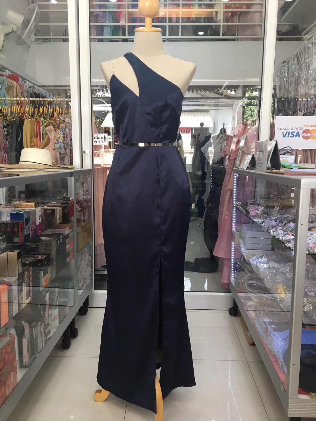 ราตรียาวสีกรมสายไขว้สายเพชร (L)