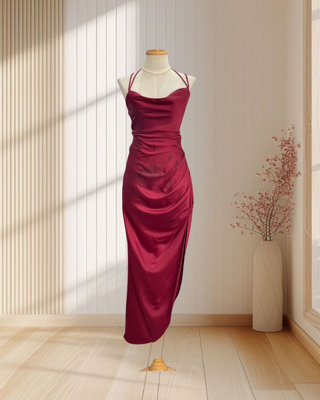 ราตรียาวสีแดง สายเดี่ยวสานหลังไขว์ จีบสะโพก ผ่าข้าง ไซส์ S