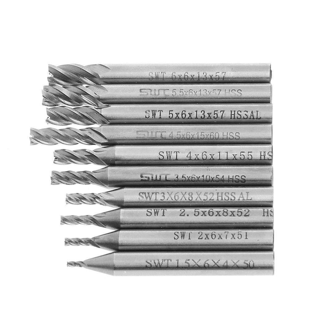 10pcs/set 1.5-6mm HSS Straight Shank 4 Flute End Mill Cutter CNC Drill Bit Tool