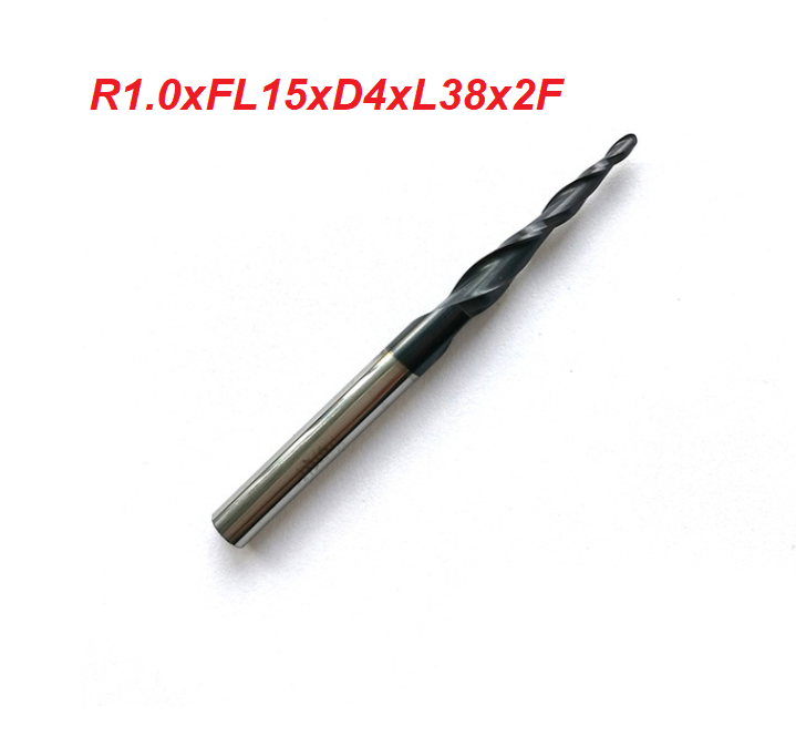 R1.0*15*D4*38 Tungsten carbide TiAlN Coated 2 flutes Tapered Ball Nose End Mills HRC55