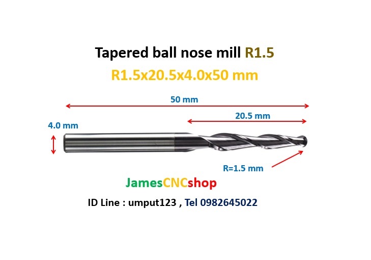 R1.5x20.5xD4x50 mm Tapered ball nose end mill TiAlN Carbide coat