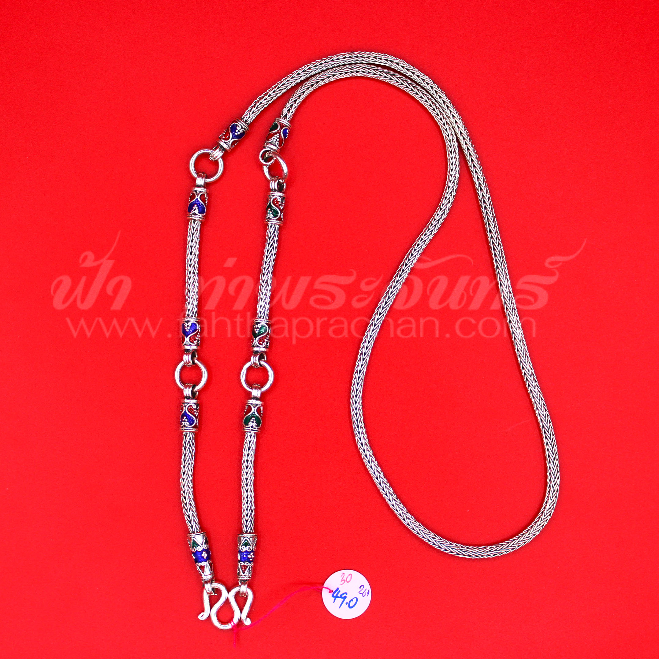 สร้อยคอเงินแท้ 92.5 ลายหกเสา หัวจรวดลงยา รมดำ แบบ 5 ห่วง