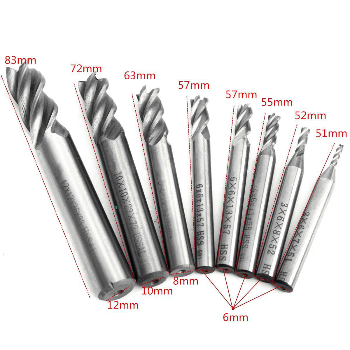 8Pcs/Set 4Flute HSS Straight Shank End Mill Cutter Drill Bit Tool Kit 2~12mm Hot