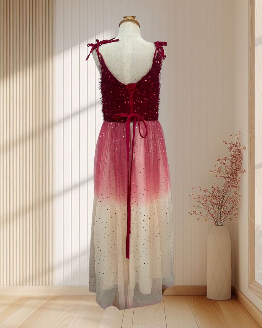 (PRE-LOVED) ชุดราตรียาวสายเดี่ยวเสื้อสีแดงกระโปรงไล่สี F