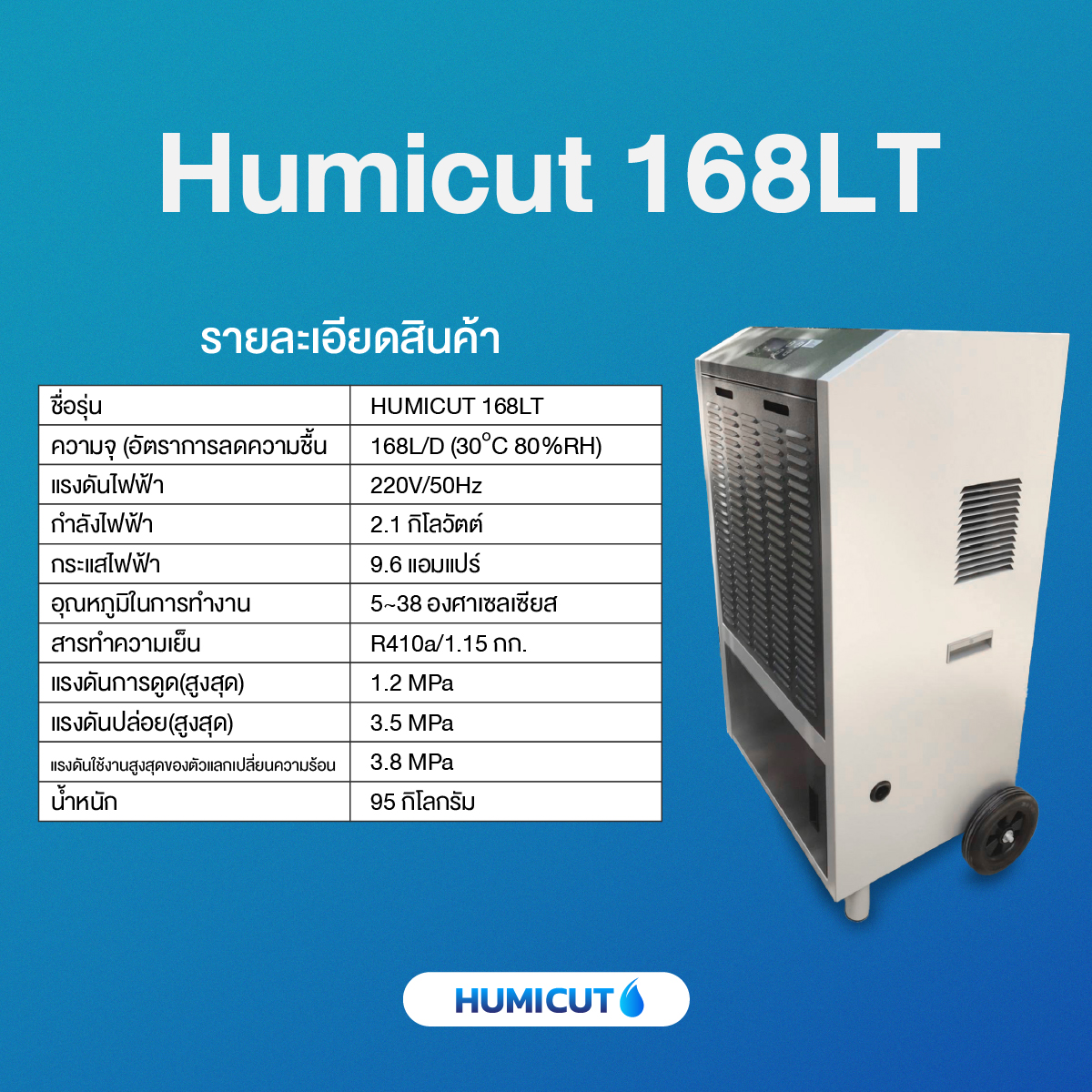 เครื่องลดความชื้นอุตสาหกรรม Humicut รุ่น Humicut 168LT มีถังเก็บน้ำ