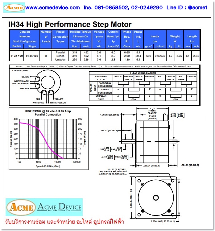 Stepping Motor MCG รุ่น IH34109, 2 Phase, 2.8A
