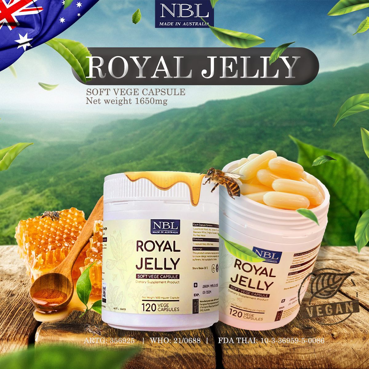 NBL vege softgel NBL ROYAL JELLY SOFT VEGE นมผึ้งซอฟเจลพืช ทานแล้วไม่อ้วน แท้จากออสเตรเลีย