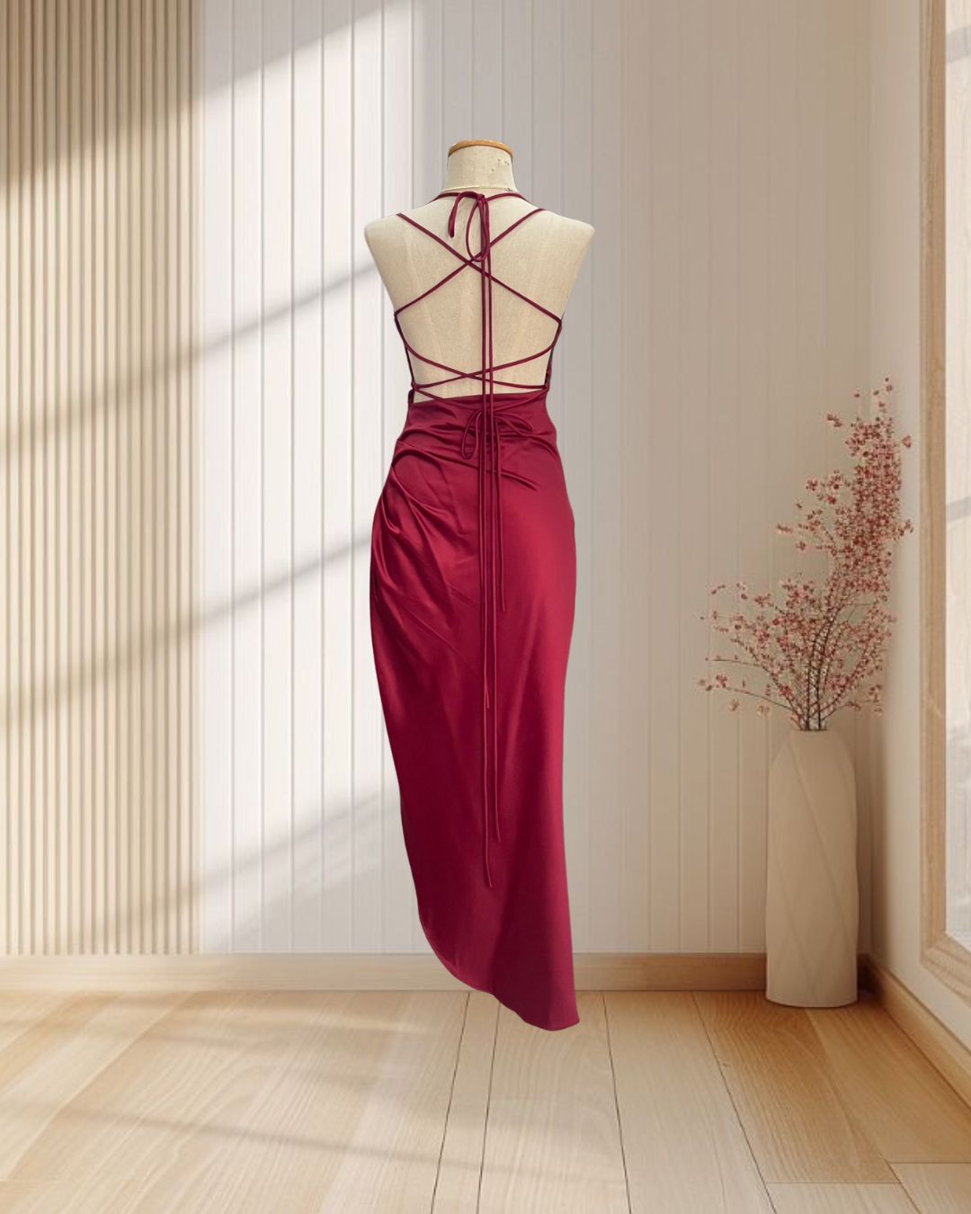 (PRE-LOVED) ราตรียาวสีแดง สายเดี่ยวสานหลังไขว์ จีบสะโพก ผ่าข้าง ไซส์ S