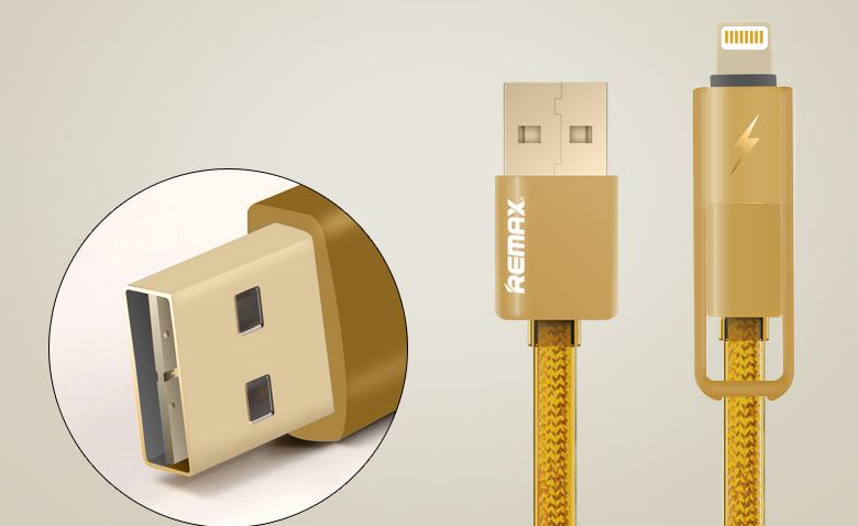 สายเคเบิ้ล 2in1 High-Speed REMAX แท้ สีทองสายถัก (1เมตร)