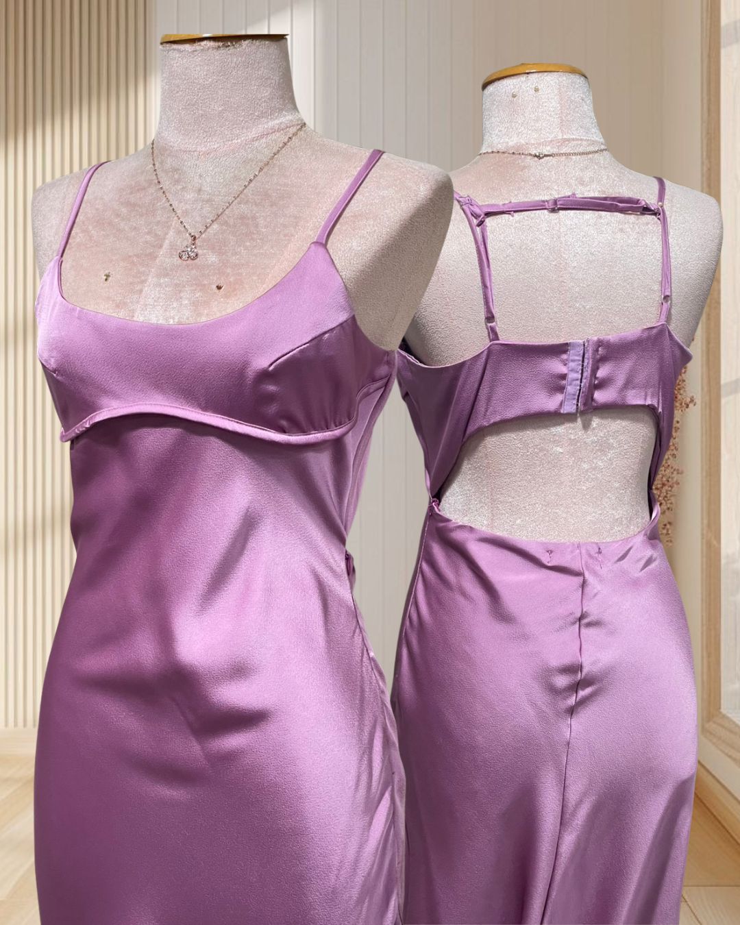 (PRE-LOVED) เดรสยาวสีชมพู สายเดี่ยว เว้าหลัง ผ้าซาตินเซ็กซี่ ไซส์ M