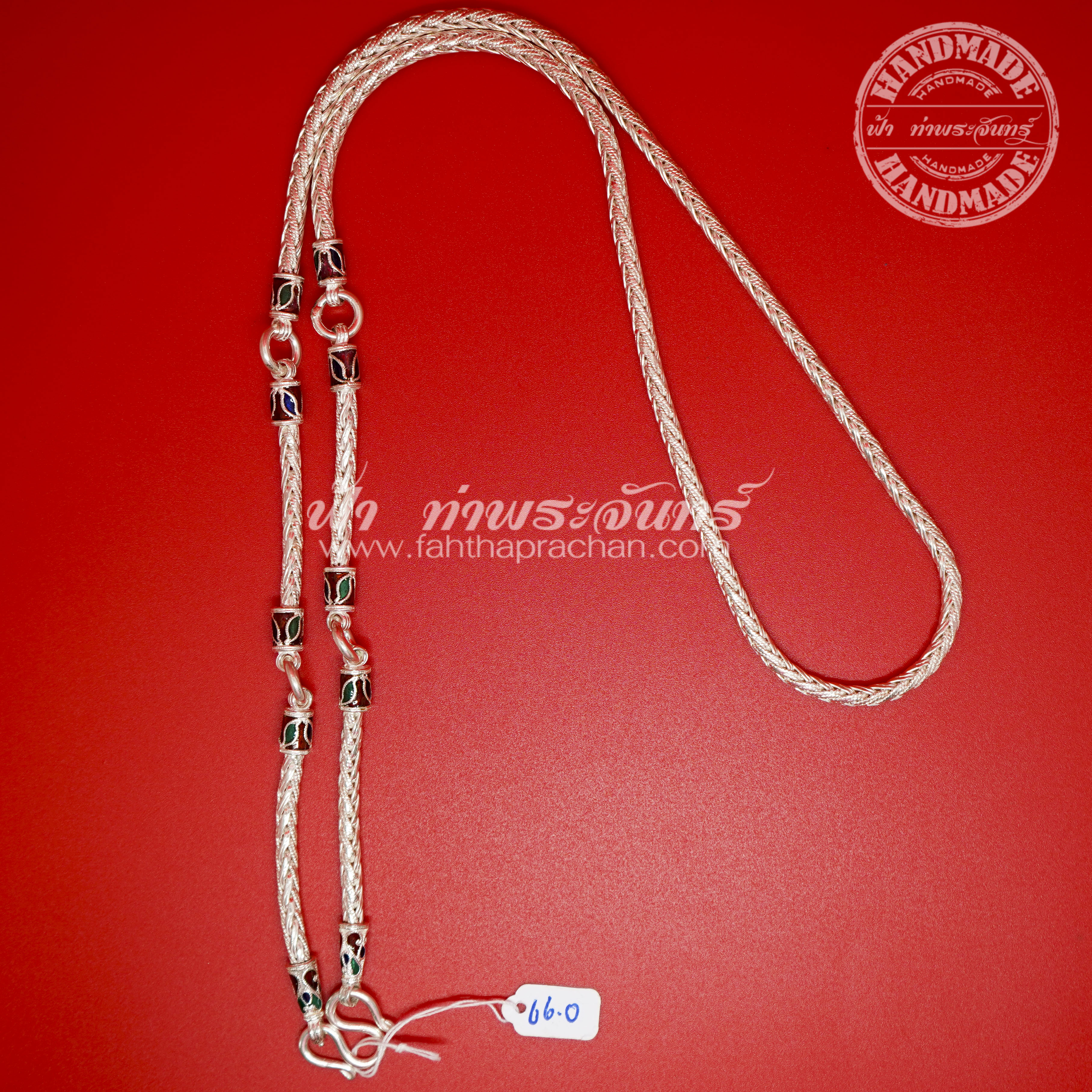 สร้อยคอเงินแท้ 92.5 ลายเปีย หัวจรวด ลงยา 5 ห่วง