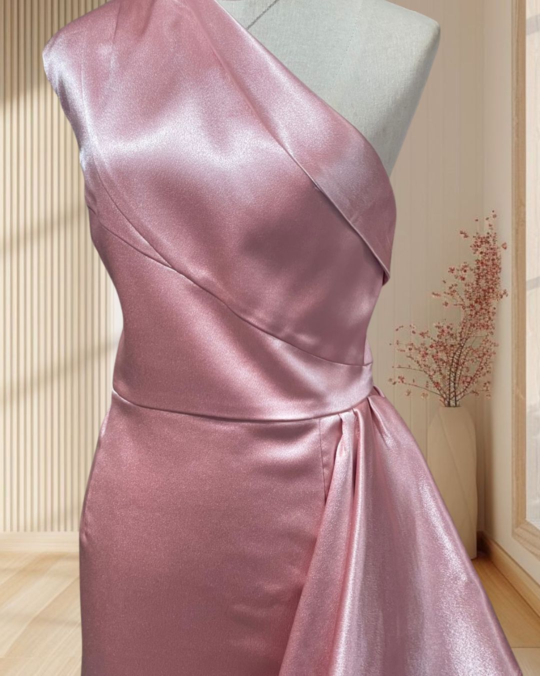 (PRE-LOVED) ราตรีสั้นสีชมพู ผ้าไหมเทียมเงา บ่าเฉียง แต่งระบายสะโพก ไซส์ XL