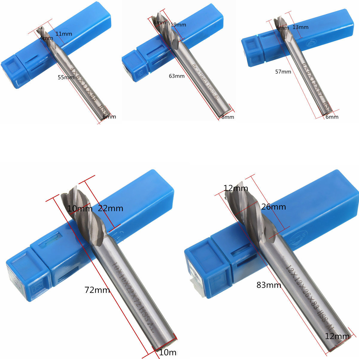 5Pcs HSS CNC Straight Shank 4 Flute End Mill Cutter Drill Bit Tool 4/6/8/10/12mm