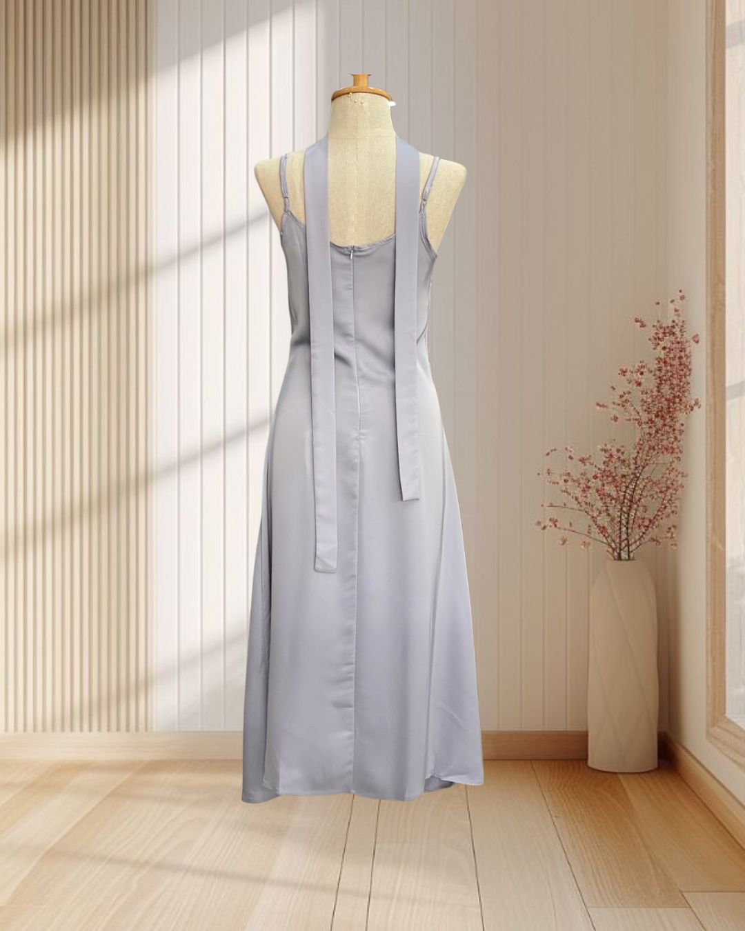 ราตรียาว สีเทา สายเดี่ยวคอถ่วง ผ้าทิ้งตัว พร้อมผ้าพันคอ ไซส์ L