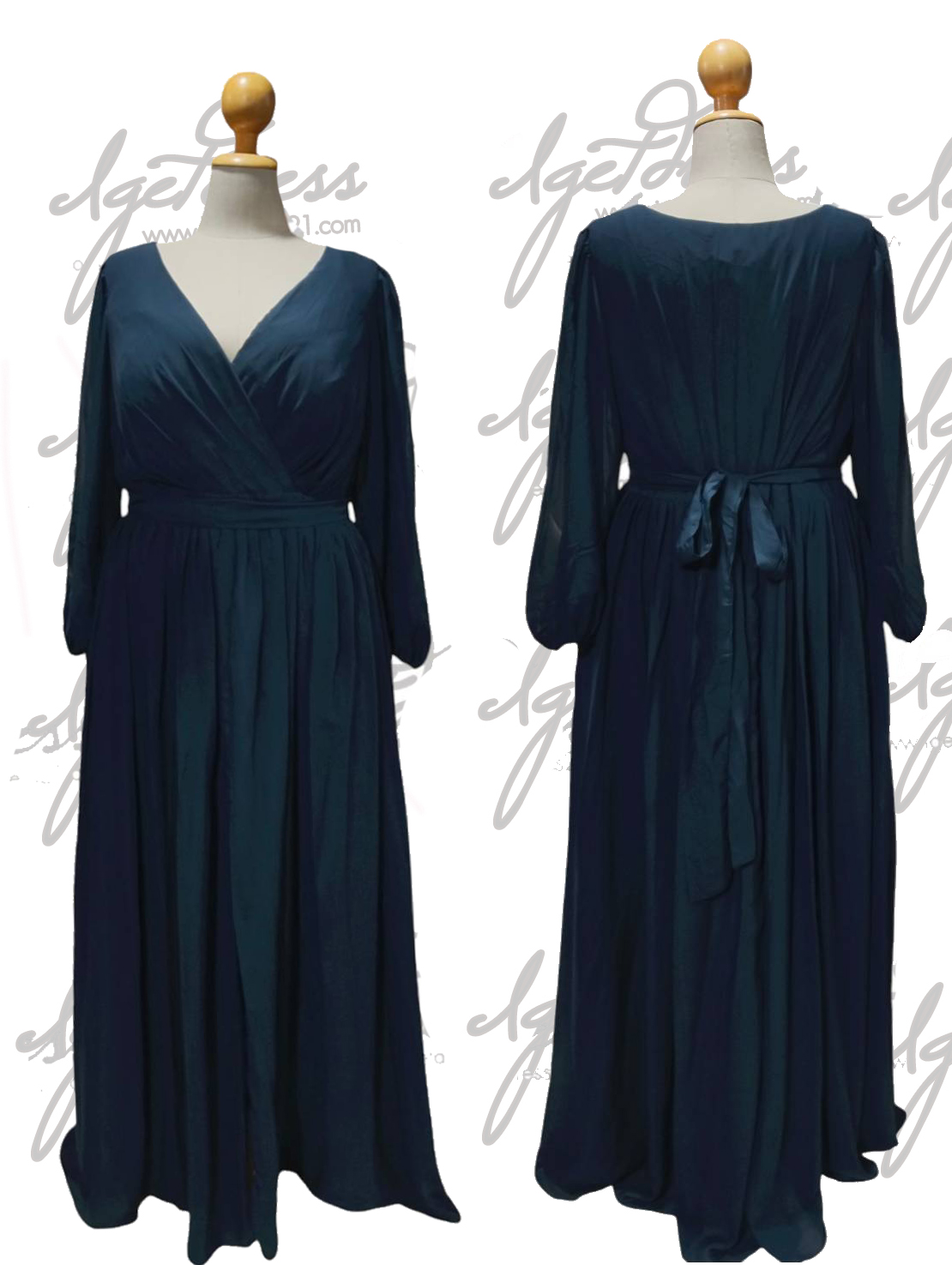 (PRE-LOVED) ชุดราตรียาวแขนยาวชีฟอง สีกรม 5XL