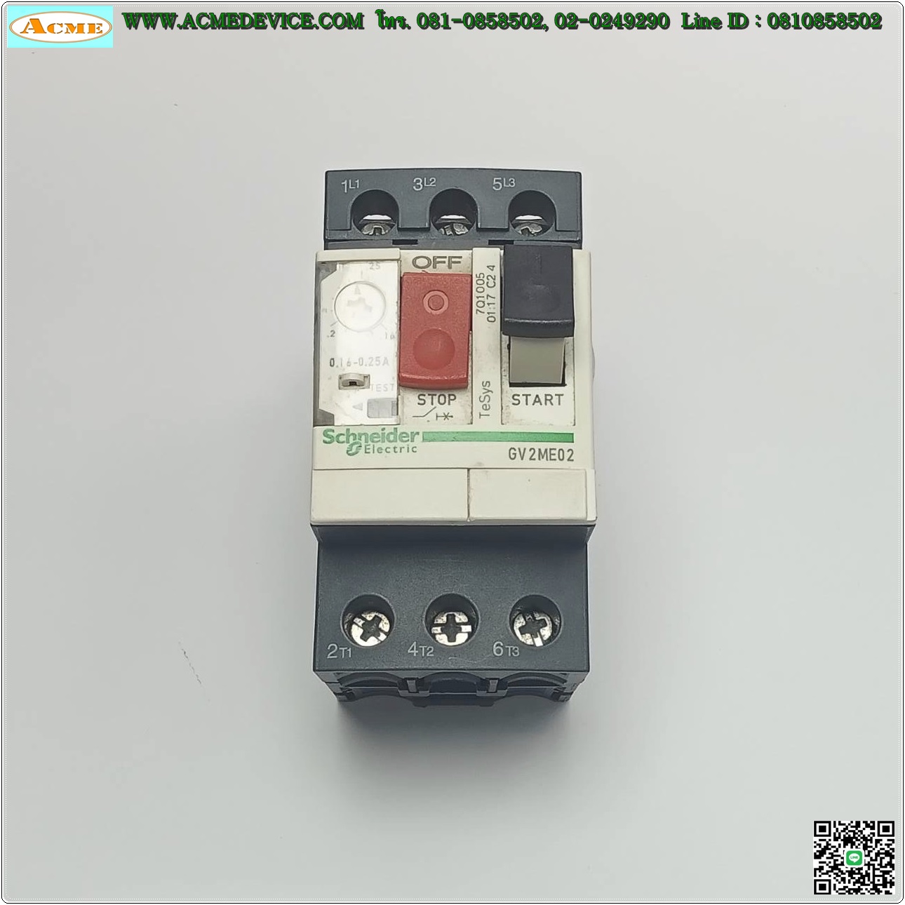 Motor Circuit Breaker Schneider รุ่น GV2ME02, Current Rating 0.16-0.25A, 690V, 6kV, 3Poles