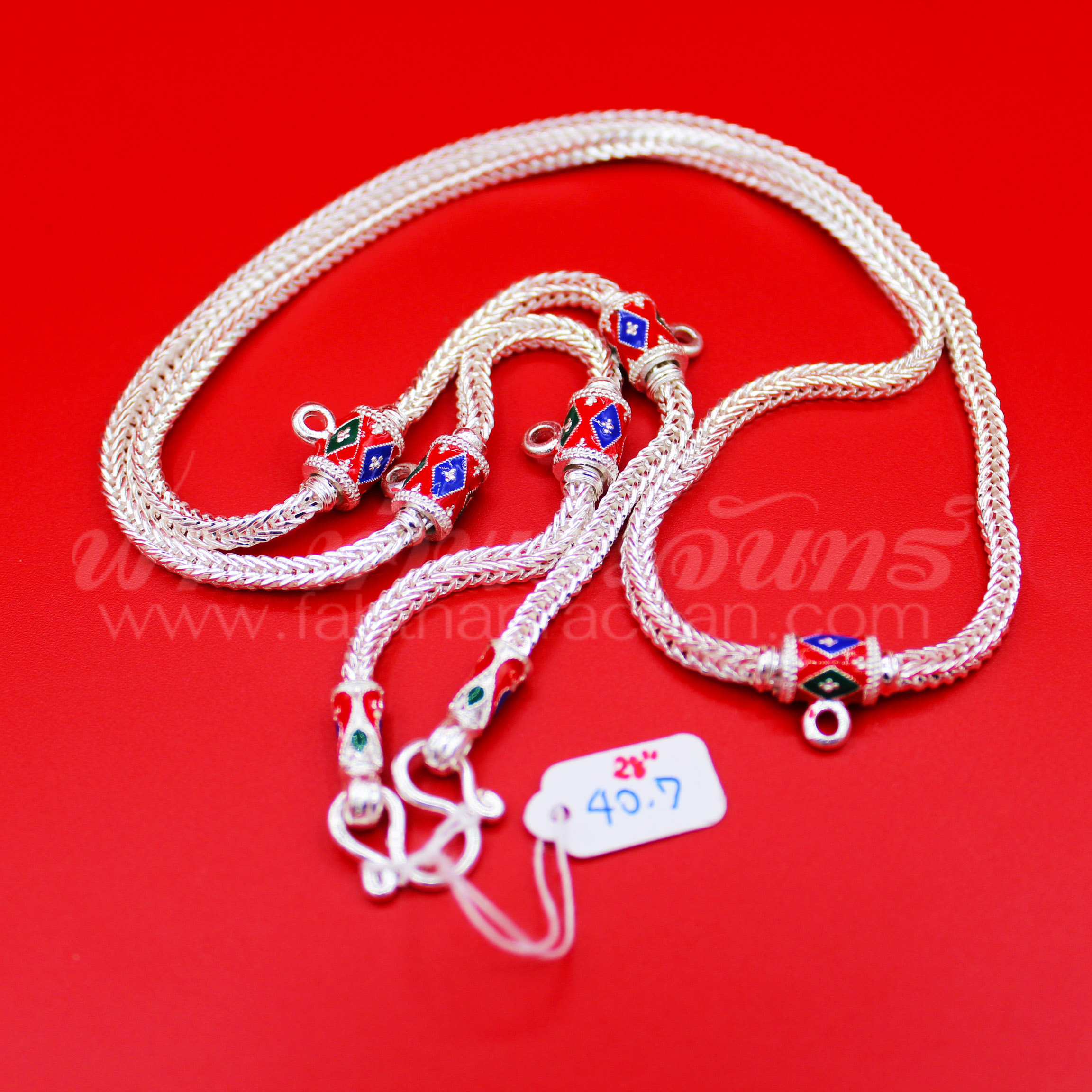 สร้อยคอเงินแท้ 92.5 ลายสี่เสา หัวจรวด ลงยา แบบสามห่วง มีห่วงหลัง