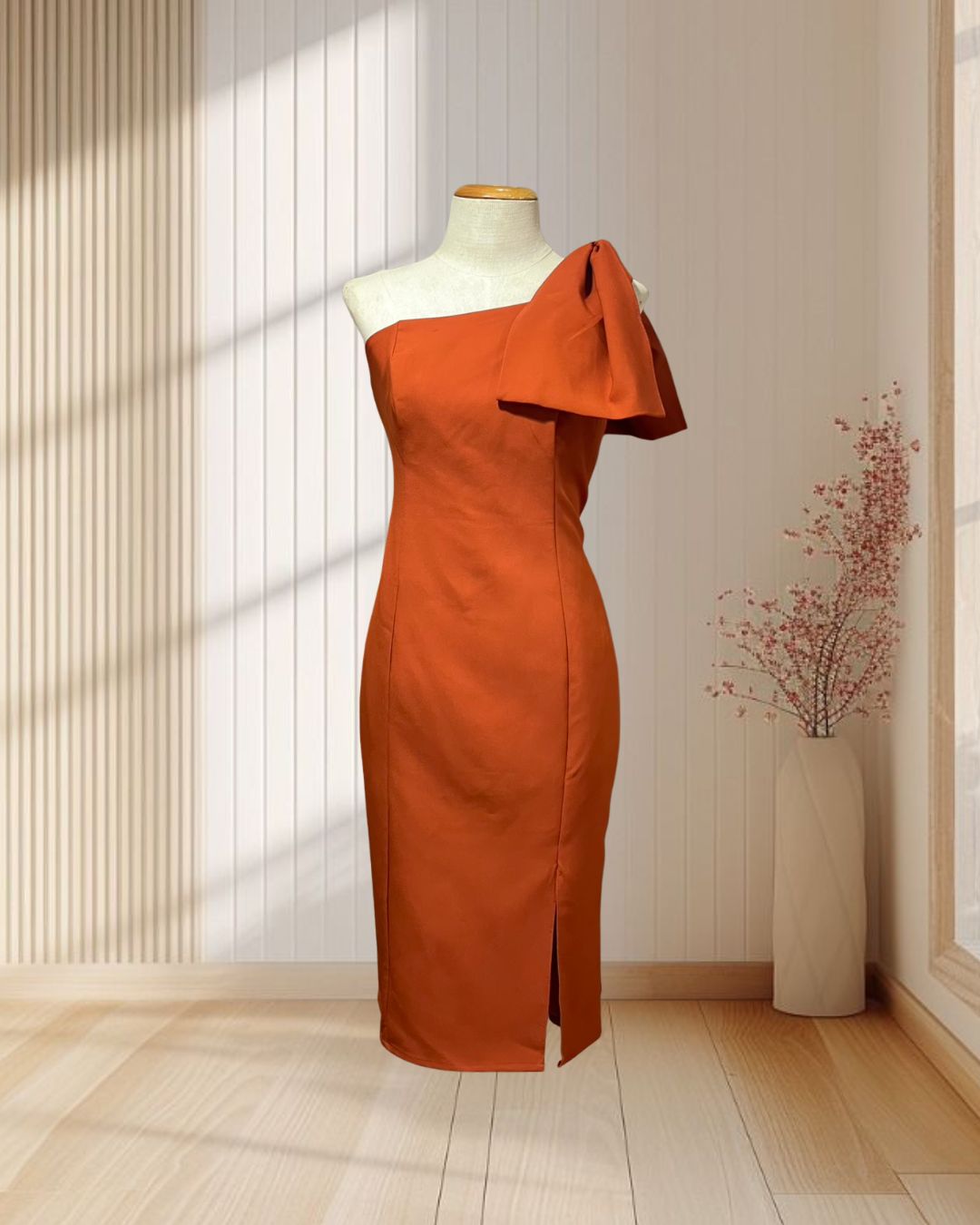 (PRE-LOVED) ชุดราตรีสั้นบ่าเฉียงแต่งโบว์สีส้มอิฐ XL