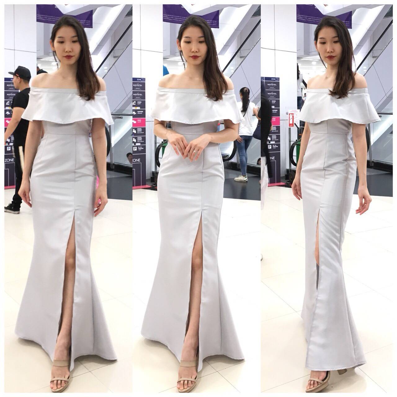 (PRE-LOVED) ชุดราตรียาวสีเทาเปิดไหล่อกระบาย (XL)