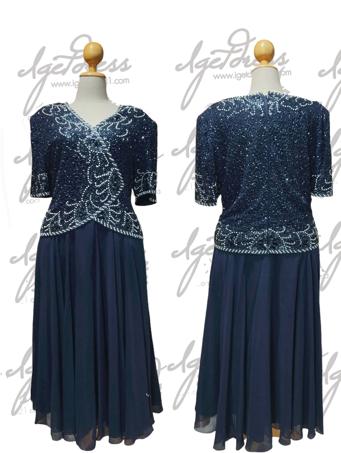 (PRE-LOVED) ชุดราตรียาวแม่งานเลื่อมมีแขน สีกรม 7XL