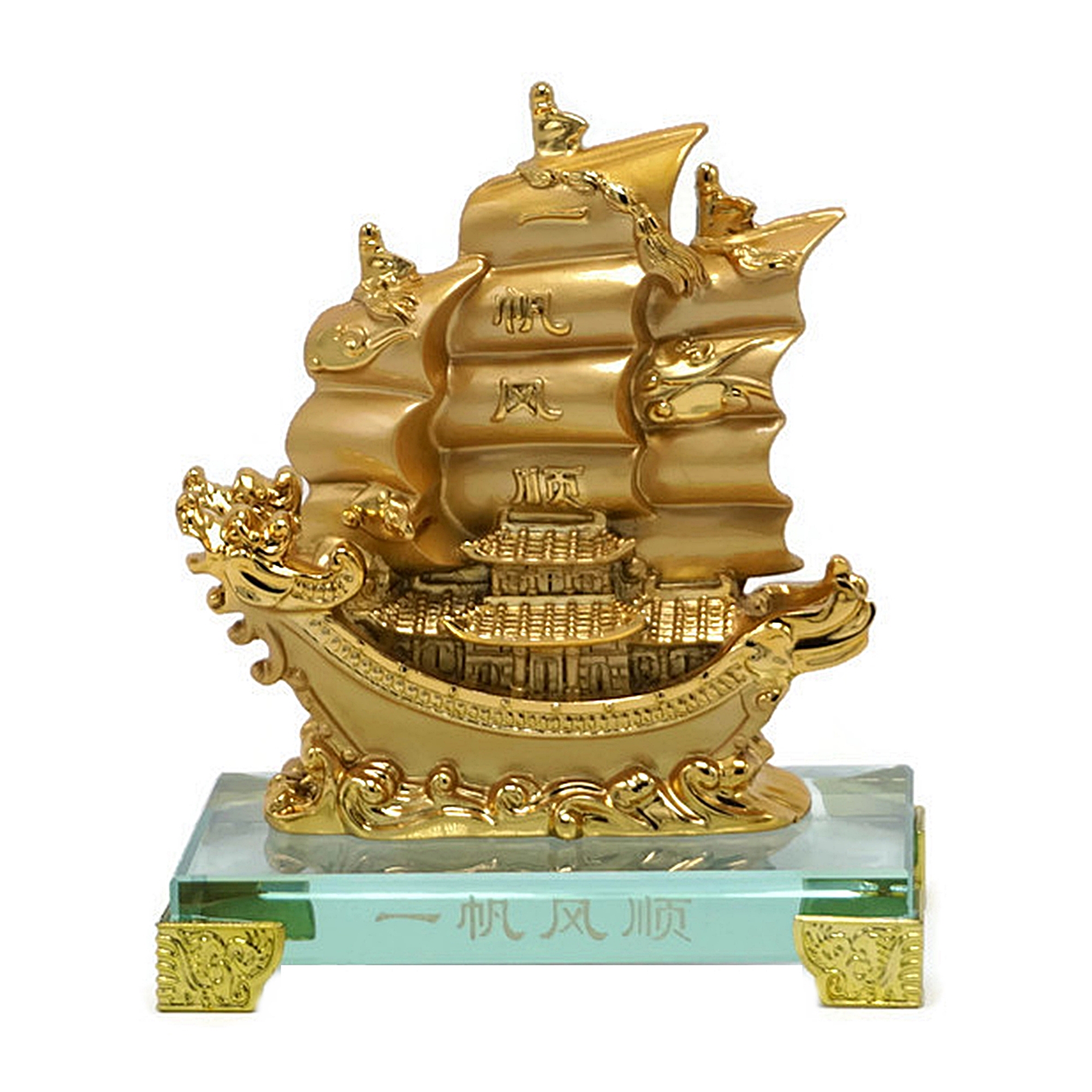 เรือสำเภาหัวมังกรคู่ เรซิ่นทอง ฐานคริสตัล
