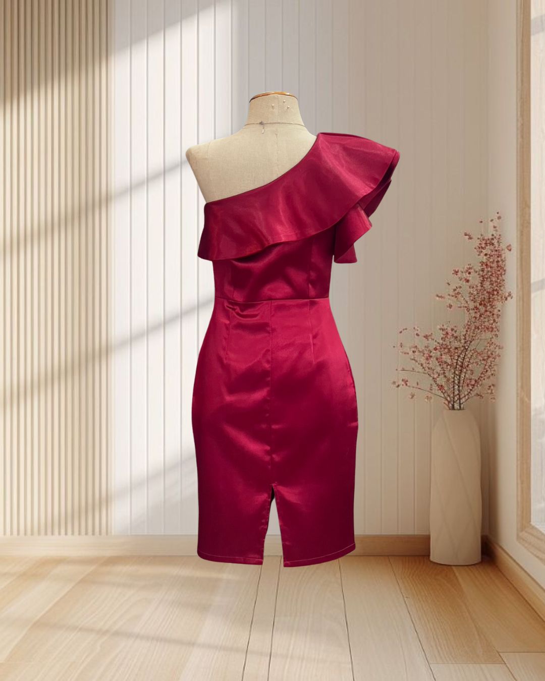 (PRE-LOVED) ราตรีสั้นสีแดง บ่าเฉียง แต่งระบาย ผ้าซาตินหนา ไซส์ S