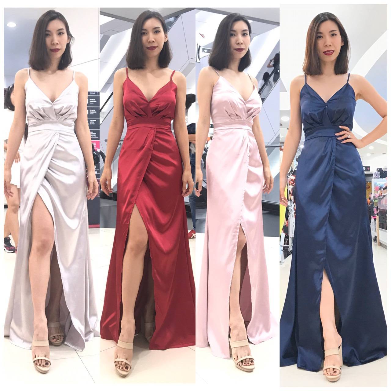 (PRE-LOVED) ชุดราตรียาวสีเทาสายเดี่ยวคอวีกระโปรงผ่าหน้า (Size : L)