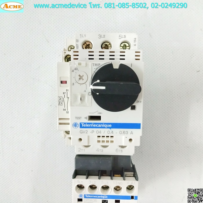 Motor Circuit Breaker Telemecanique รุ่น GV2-P04, Current Rating 0.4-0.63A, 690V, 6kV, 3Poles, + GVAD1001 พร้อม Magnetic Contactor Telemecanique รุ่น LP1K0610BD , Current Rating 6A, Coil 24Vdc