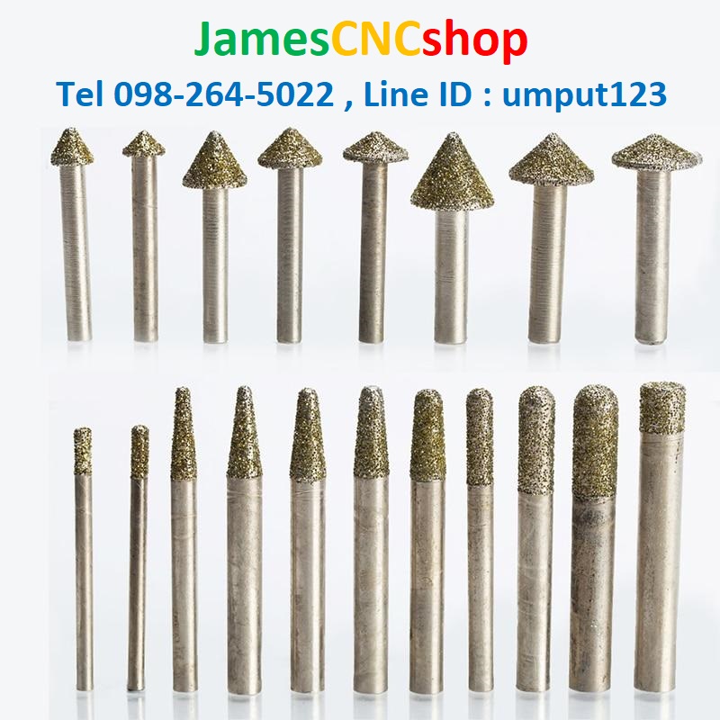 ดอกกัดหินเคลือบเพรช สีทอง แกน 6 mm หัวบอลเทเปอร์ Taper ball knife Diamond Tools 6.0 mm