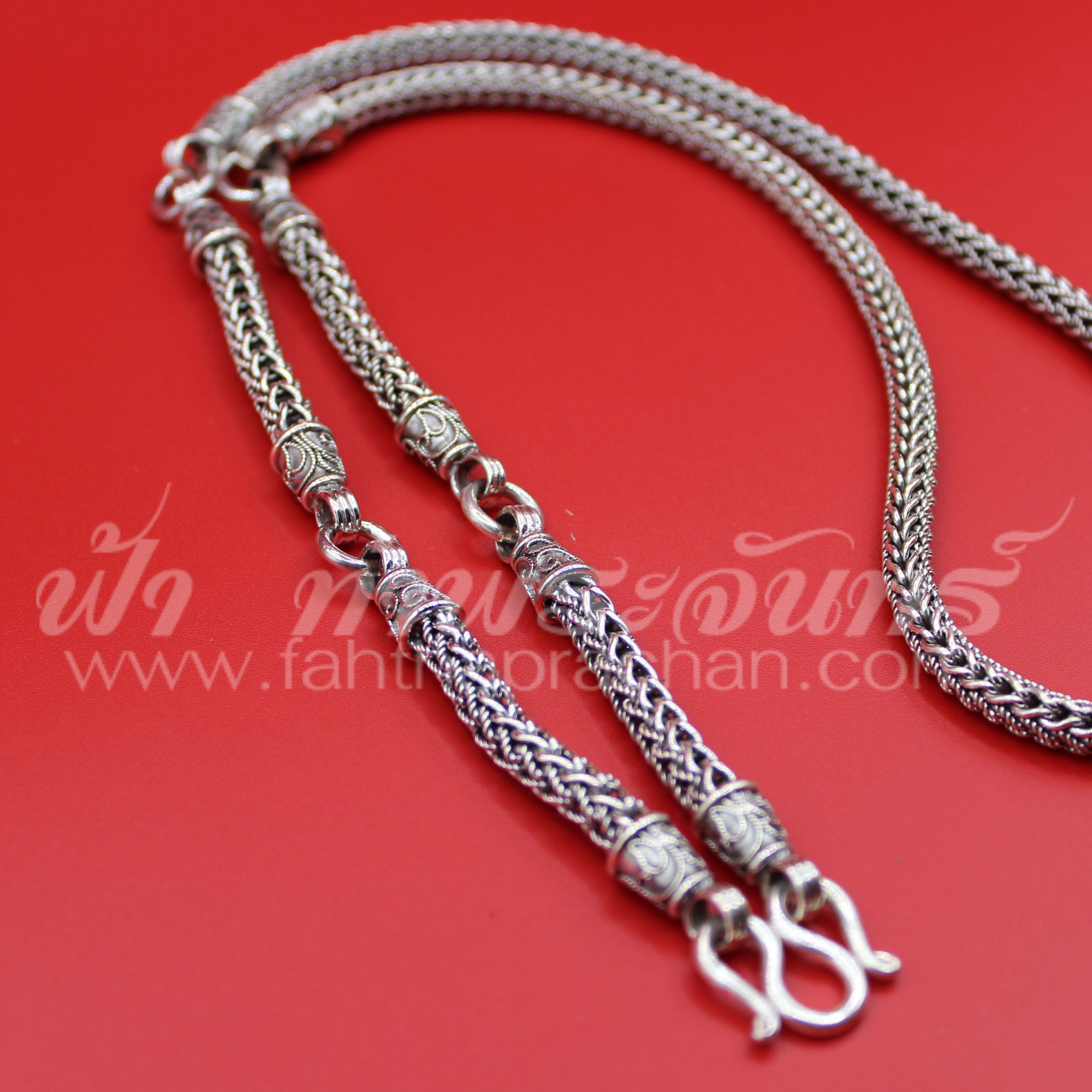 สร้อยคอเงินแท้ 92.5 ลายหางกระรอก รมดำ แบบ 5 ห่วง