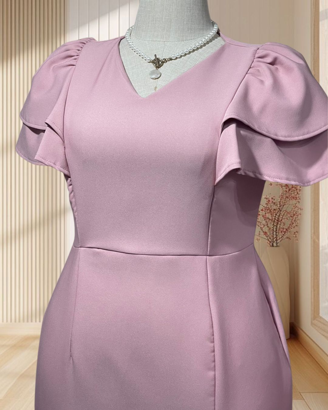 (PRE_LOVED) เดรสสั้นทรงสอบแขนระบายเลเยอร์ 2 ชั้นผ้าบาร์บี้ สีชมพู 2XL