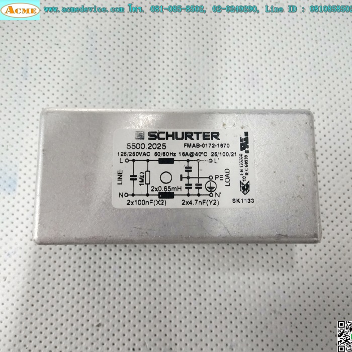 Noise Filter Schurter รุ่น 5500.2025, FMAB-0172-1670, 125/250VAC, 16A